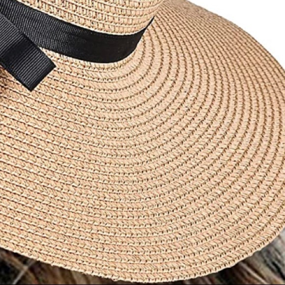 Khaki Floppy Beach Straw Hat, Foldable Wide Brim with Bowknot - Picture 7 of 7